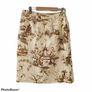 LINEN Skirt Oriental Pattern Cream and Brown A Line Midi Back Zip Skirt Size 14